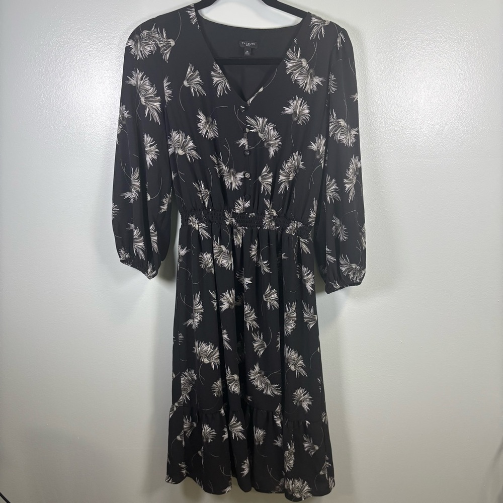 Talbots Black and White Floral Long Sleeve Dress‎ Sz 8P